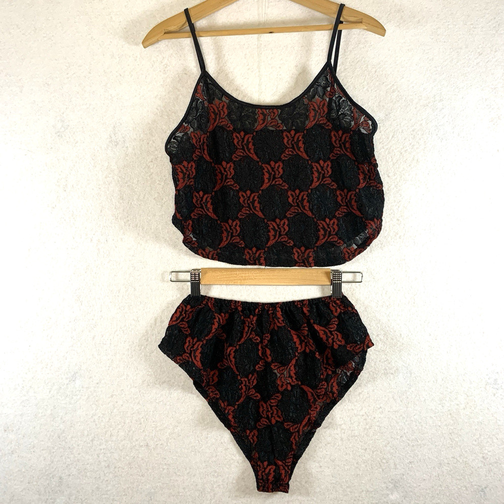 Vintage 80s Lace‎ Burn Out Cami High Waisted Set Black Red Burlesque USA Made